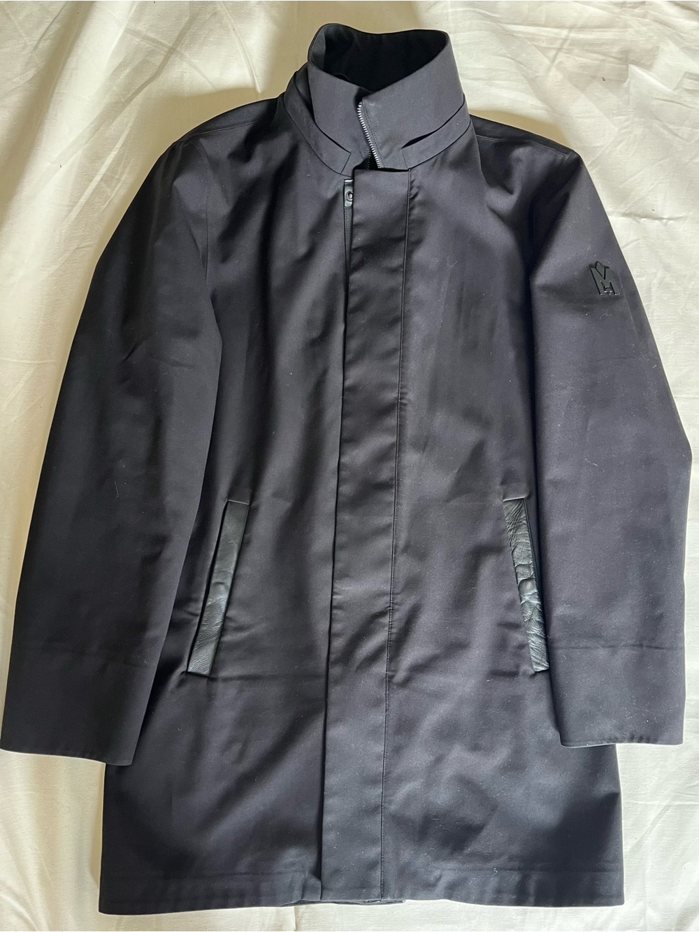 Mackage Men's Black Trench Coat with Leather-Trim Pockets